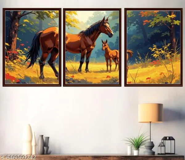 Horse_Foal_Wall_Art_Set_Of_3_Frames_Forest_Scene_A4_Framed_Canvas_Prints_Wooden_Brown_Frame_Decor_For_Living_Room_Bedroom