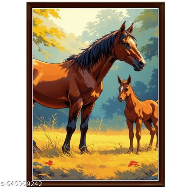 Horse_Foal_Wall_Art_Set_Of_3_Frames_Forest_Scene_A4_Framed_Canvas_Prints_Wooden_Brown_Frame_Decor_For_Living_Room_Bedroom