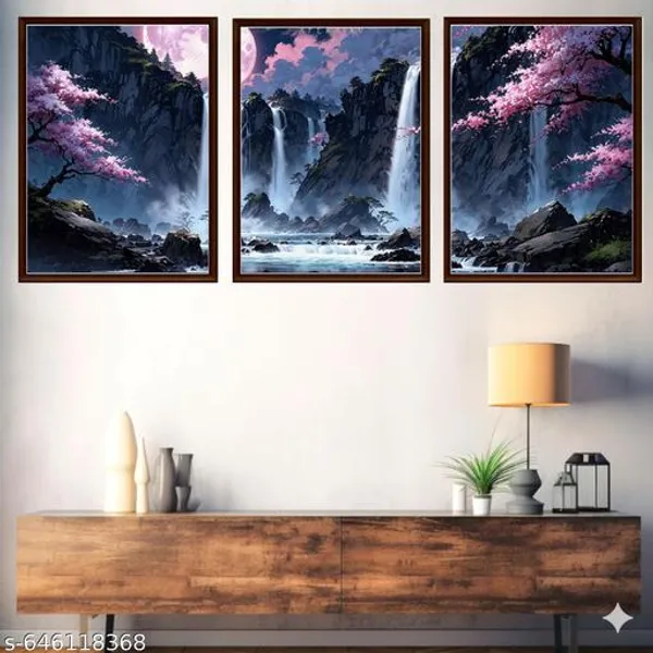 Cherry_Blossom_Waterfall_Wall_Art_Set_Of_3_Frames_Japanese_Landscape_Canvas_Prints_Pink_Blue_Mountain_Scene_Framed_Home_Decor