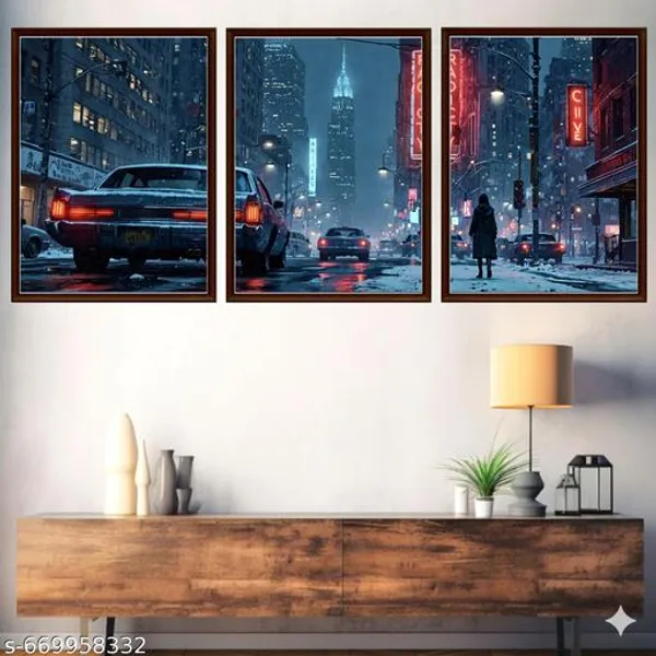 City_Night_Street_Wall_Art_Set_Of_3_Urban_Rainy_Cityscape_Painting_Frames_Modern_Wall_Decor_For_Living_Room_Office