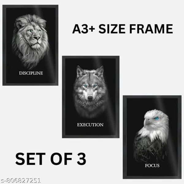 Motivational_Animal_Wall_Frame_Set_Of_3_A3_Size_15X21_Inch_Discipline_Lion_Execution_Wolf_Focus_Eagle_Posters_Office_Gym_Study_Room_Wall_Decor