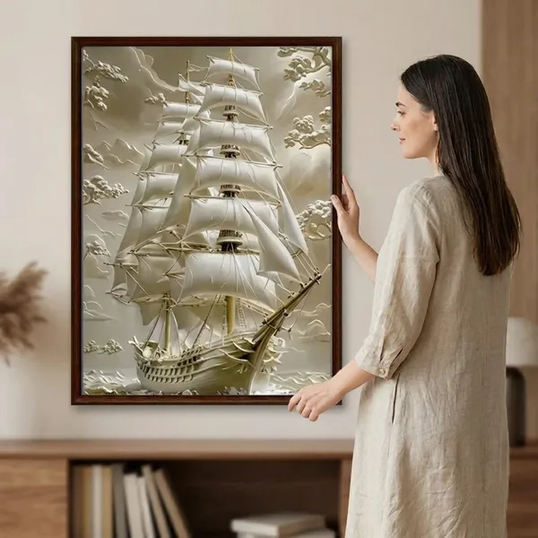 3D_Sailing_Ship_Wall_Art_Set_Of_3_Orange_Blue_Coastal_Canvas_Frames_Framed_Nautical_Wall_Decor_For_Living_Room_Bedroom