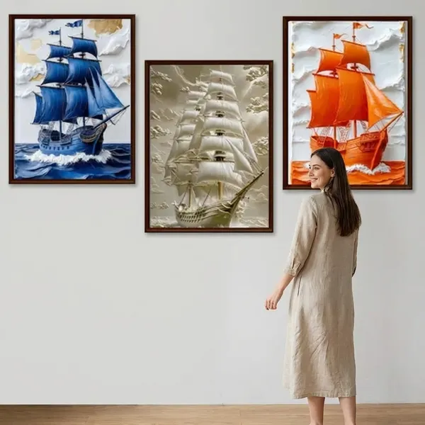 3D_Sailing_Ship_Wall_Art_Set_Of_3_Orange_Blue_Coastal_Canvas_Frames_Framed_Nautical_Wall_Decor_For_Living_Room_Bedroom