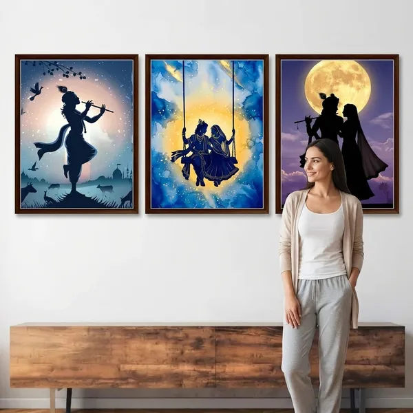 Divine_Radiance_Wall_Art_Set_Of_3_Frames_Traditional_Indian_Silhouette_Paintings_Blue_Gold_Moonlight_Theme_Framed_Canvas_Home_Bedroom_Decor