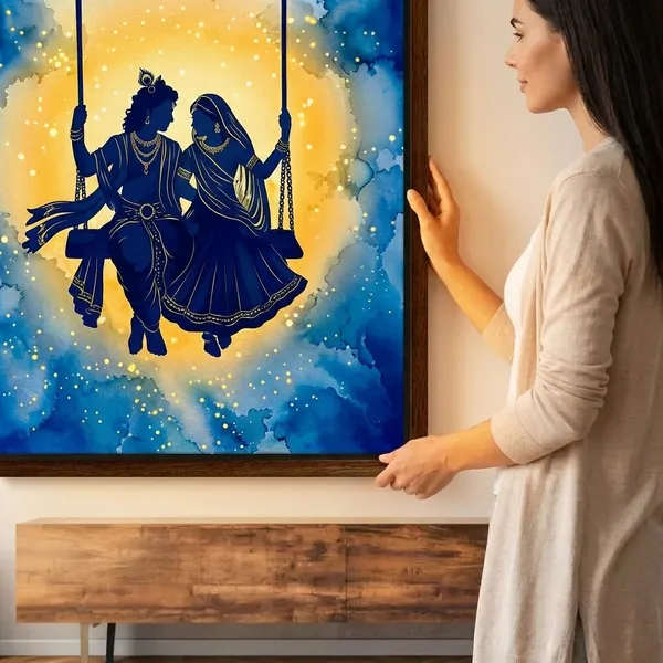 Divine_Radiance_Wall_Art_Set_Of_3_Frames_Traditional_Indian_Silhouette_Paintings_Blue_Gold_Moonlight_Theme_Framed_Canvas_Home_Bedroom_Decor