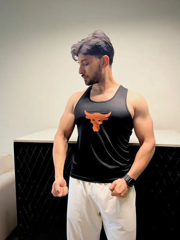 Mens_Black_Racerback_Tank_Top_With_Orange_Bull_Logo_-_Athletic_Gym_Vest