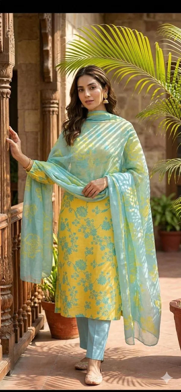 Yellow_&_Turquoise_Blue_Floral_Print_Salwar_Suit_Set_With_Striped_Dupatta