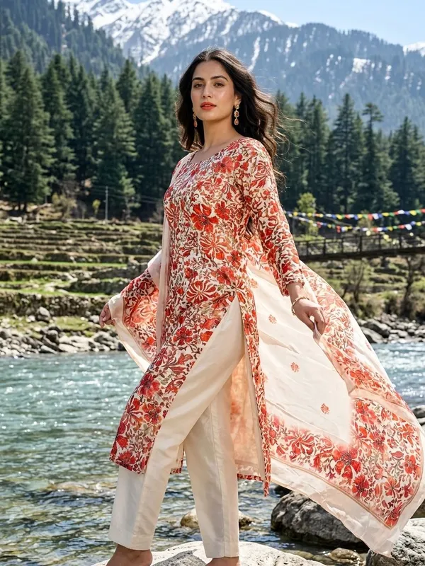 Embroidered_Floral_Kurta_Set_With_Pants_-_Red_&_Cream