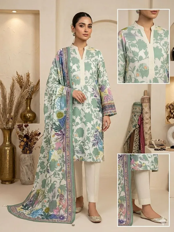 Women's_Green_Floral_Print_Pakistani_Suit_Set_With_Dupatta
