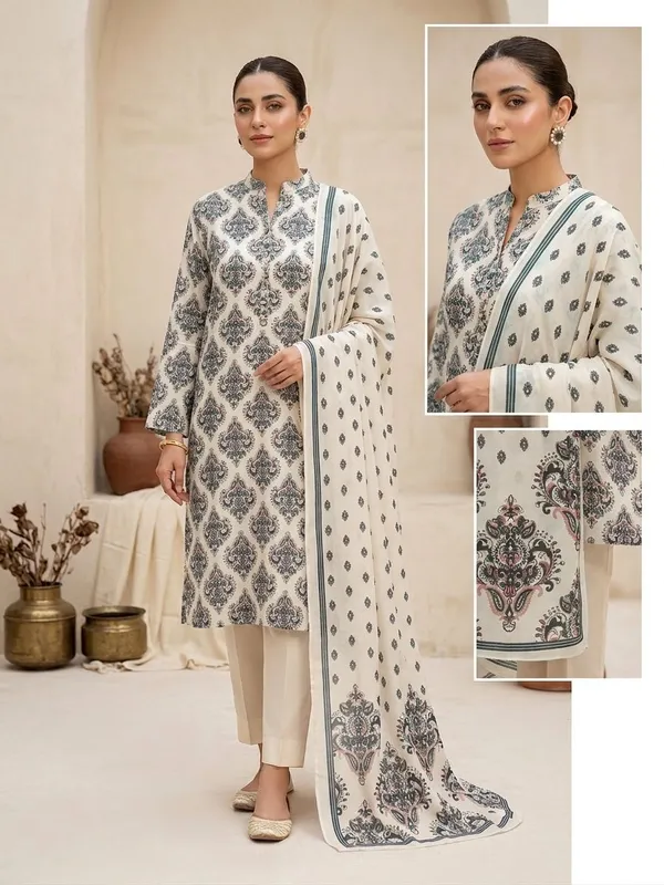 Elegant_White_&_Grey_Block_Print_Cotton_Kurta_Set_With_Dupatta
