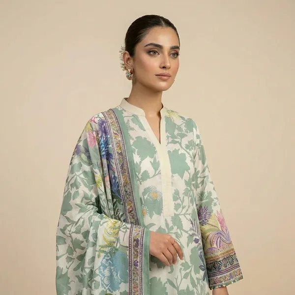 Women's_Green_Floral_Print_Pakistani_Suit_Set_With_Dupatta