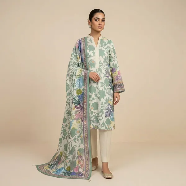Women's_Green_Floral_Print_Pakistani_Suit_Set_With_Dupatta