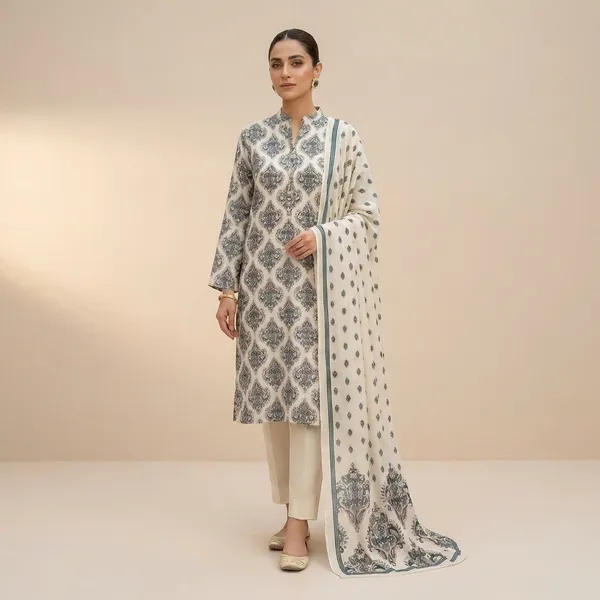 Elegant_White_&_Grey_Block_Print_Cotton_Kurta_Set_With_Dupatta