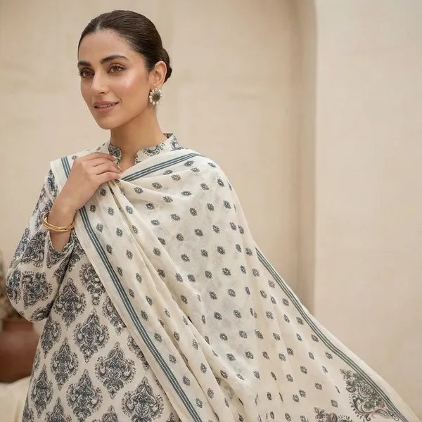 Elegant_White_&_Grey_Block_Print_Cotton_Kurta_Set_With_Dupatta