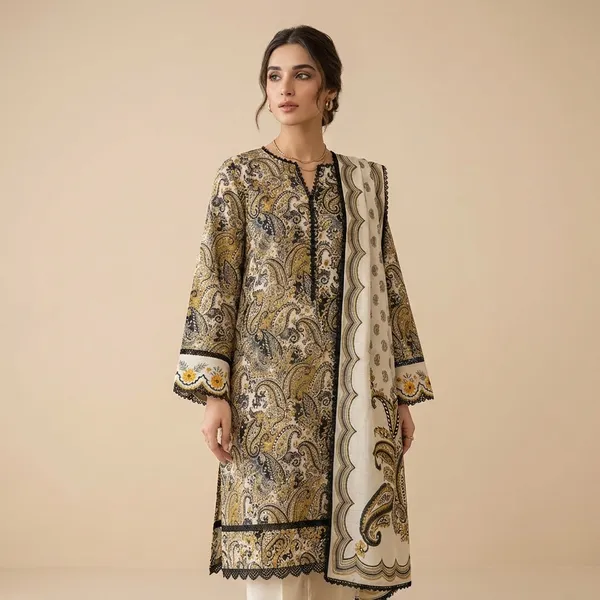 Beige_And_Gold_Paisley_Print_Embroidered_Kurta_Set_With_Dupatta