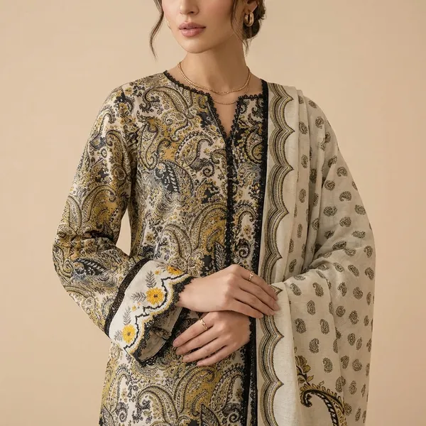 Beige_And_Gold_Paisley_Print_Embroidered_Kurta_Set_With_Dupatta