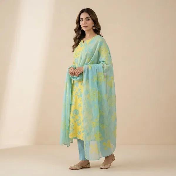 Yellow_&_Turquoise_Blue_Floral_Print_Salwar_Suit_Set_With_Striped_Dupatta