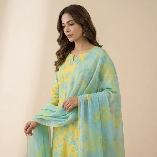 Yellow_&_Turquoise_Blue_Floral_Print_Salwar_Suit_Set_With_Striped_Dupatta