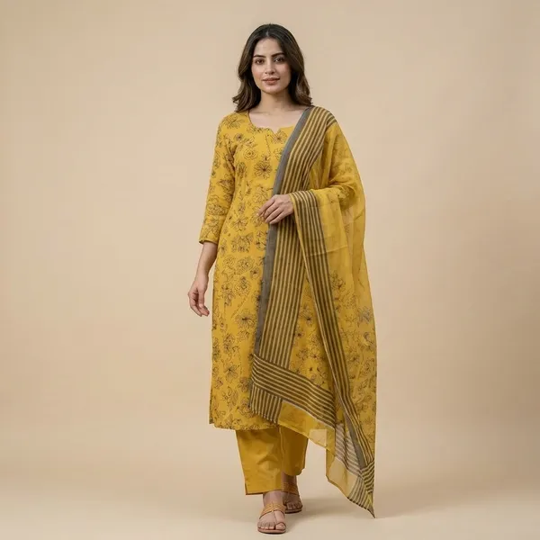 Yellow_Floral_Print_Kurta_Set_With_Dupatta