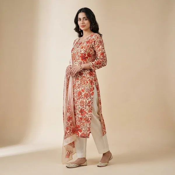 Embroidered_Floral_Kurta_Set_With_Pants_-_Red_&_Cream