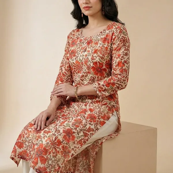 Embroidered_Floral_Kurta_Set_With_Pants_-_Red_&_Cream