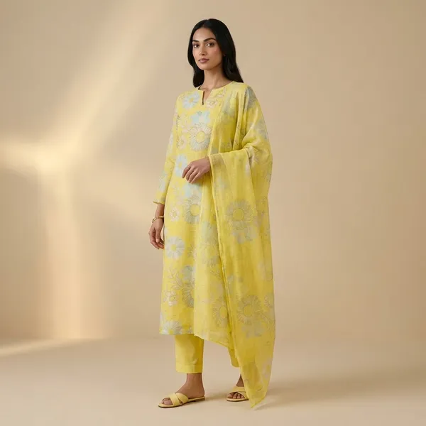 Yellow_Floral_Print_Kurta_Set_With_Dupatta