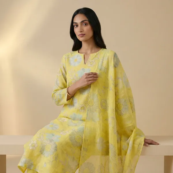 Yellow_Floral_Print_Kurta_Set_With_Dupatta