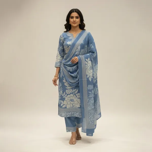 Powder_Blue_Floral_Printed_Cotton_Kurta_Set_With_Dupatta