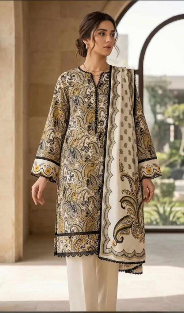 Beige_And_Gold_Paisley_Print_Embroidered_Kurta_Set_With_Dupatta