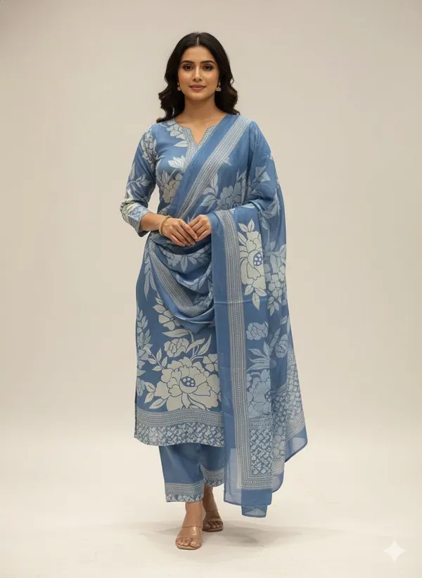 Powder_Blue_Floral_Printed_Cotton_Kurta_Set_With_Dupatta