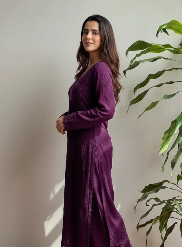 Wine_Georgette_Chikankari_Embroidery_Kurta_With_Pant_And_Dupatta_For_Women