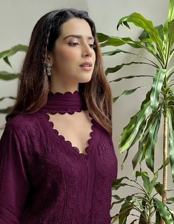 Wine_Georgette_Chikankari_Embroidery_Kurta_With_Pant_And_Dupatta_For_Women