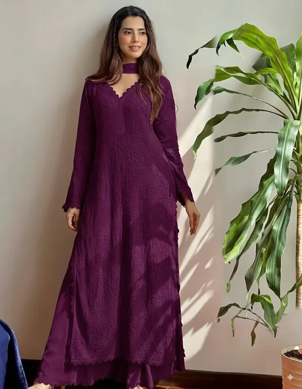 Wine_Georgette_Chikankari_Embroidery_Kurta_With_Pant_And_Dupatta_For_Women