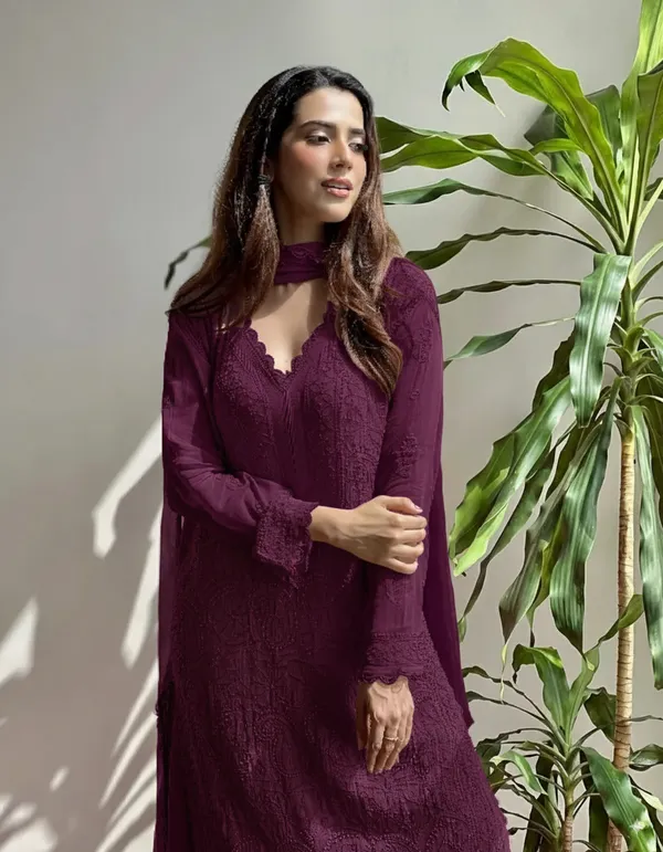 Wine_Georgette_Chikankari_Embroidery_Kurta_With_Pant_And_Dupatta_For_Women