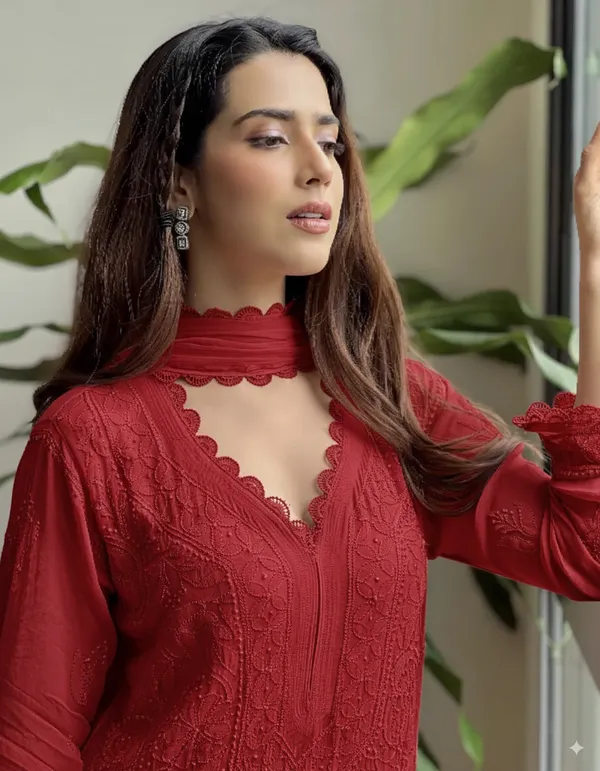 Red_Georgette_Chikankari_Embroidery_Kurta_With_Pant_And_Dupatta_For_Women