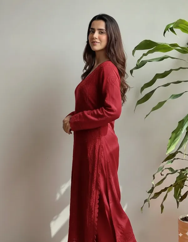 Red_Georgette_Chikankari_Embroidery_Kurta_With_Pant_And_Dupatta_For_Women