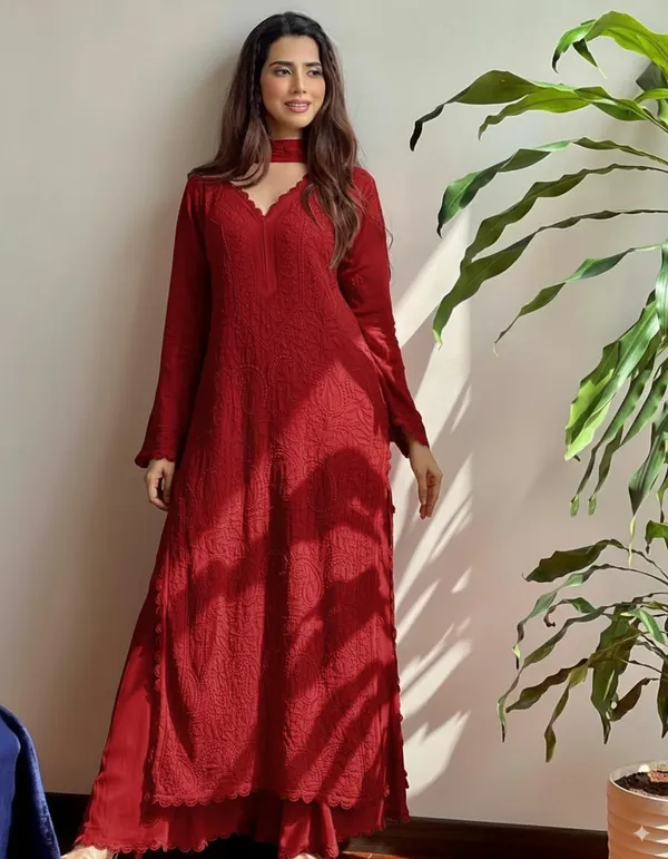 Red_Georgette_Chikankari_Embroidery_Kurta_With_Pant_And_Dupatta_For_Women