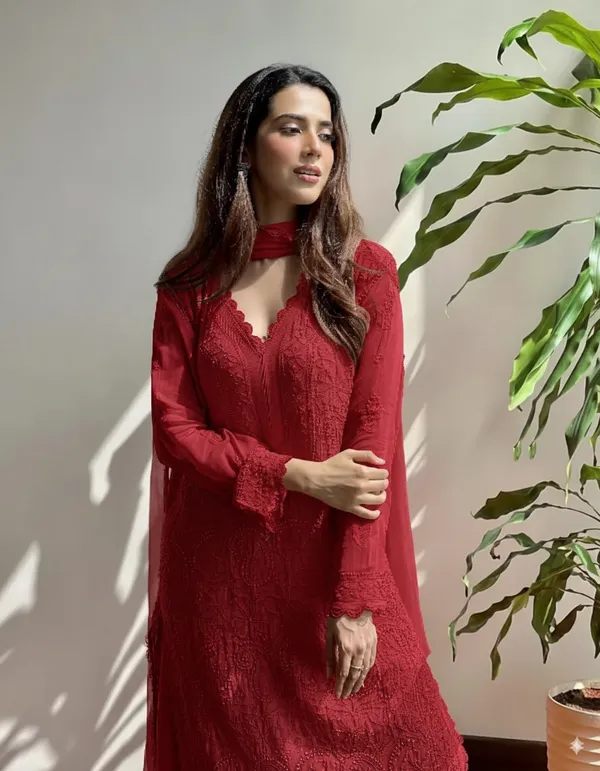Red_Georgette_Chikankari_Embroidery_Kurta_With_Pant_And_Dupatta_For_Women