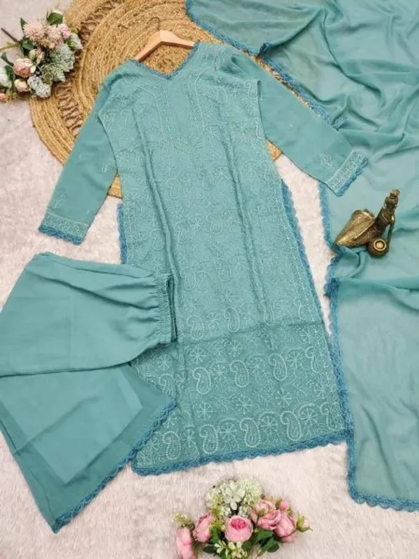 Pastel_Teal_Georgette_Chikankari_Embroidery_Kurta_With_Pant_And_Dupatta_For_Women