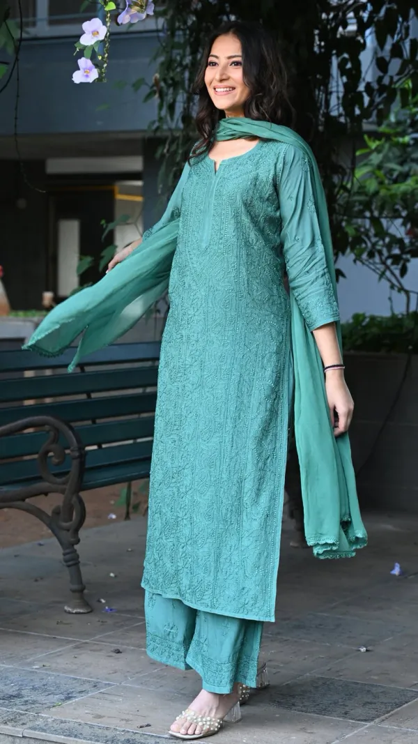 Pastel_Teal_Georgette_Chikankari_Embroidery_Kurta_With_Pant_And_Dupatta_For_Women