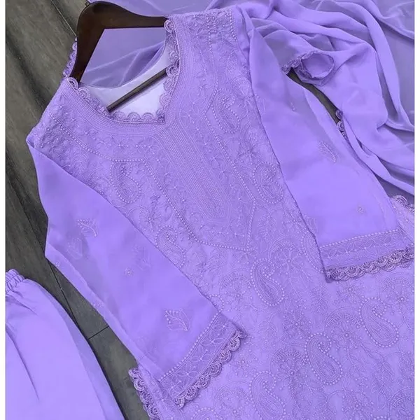 Lavender_Georgette_Chikankari_Embroidery_Kurta_With_Pant_And_Dupatta_For_Women
