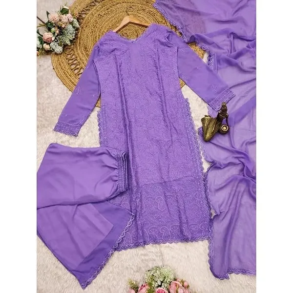 Lavender_Georgette_Chikankari_Embroidery_Kurta_With_Pant_And_Dupatta_For_Women