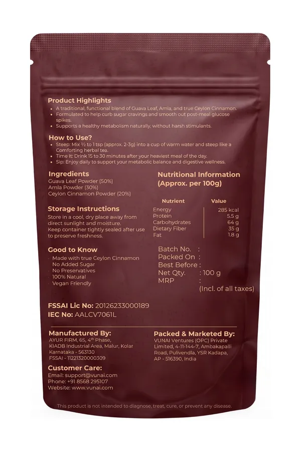 VUNAI_Sugar_Balance_Guava_Leaf,_Amla_&_Ceylon_Cinnamon_Blend,_100_g