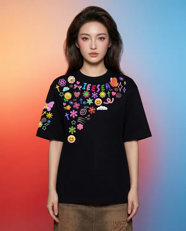 Black_Cotton_Floral_Embroidery_Oversized_T_Shirt_For_Women