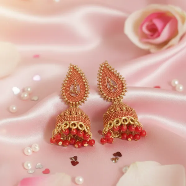 Traditional_Red_Beaded_Jhumka_Earrings_With_Gold_Tone_Detailing