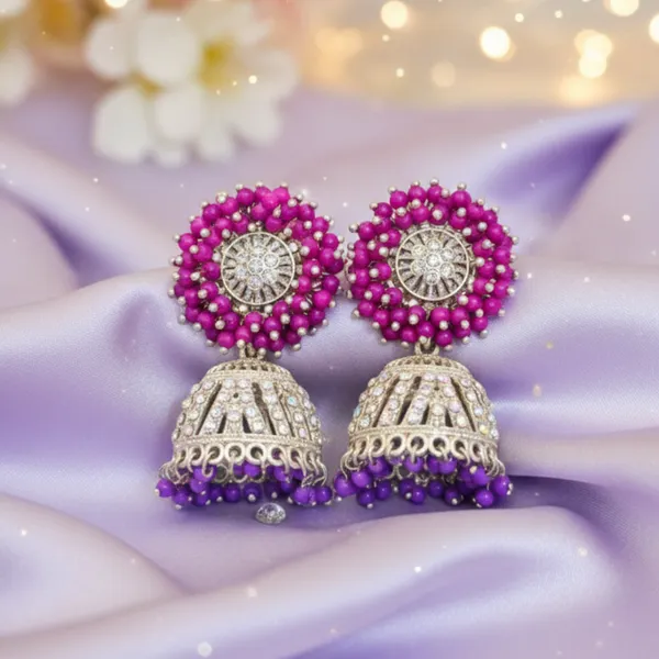 Purple_And_Pink_Jhumka_Earrings_With_Silver_Detailing