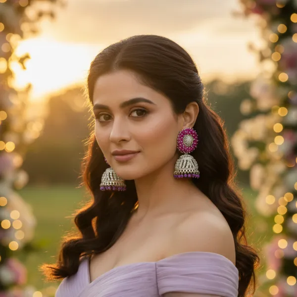 Purple_And_Pink_Jhumka_Earrings_With_Silver_Detailing