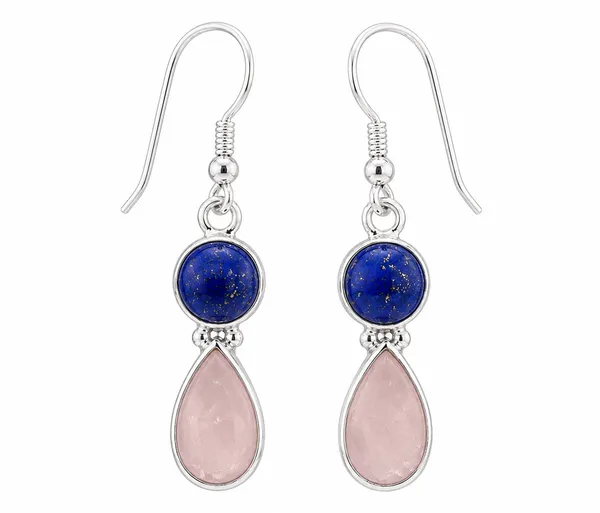 925_Sterling_Silver_Lapis_Lazuli_&_Rose_Quartz_Drop_Dangle_Earrings_For_Women_Handmade_Natural_Gemstone_Teardrop_Earrings_Elegant_Boho_Jewelry