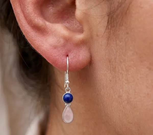 925_Sterling_Silver_Lapis_Lazuli_&_Rose_Quartz_Drop_Dangle_Earrings_For_Women_Handmade_Natural_Gemstone_Teardrop_Earrings_Elegant_Boho_Jewelry