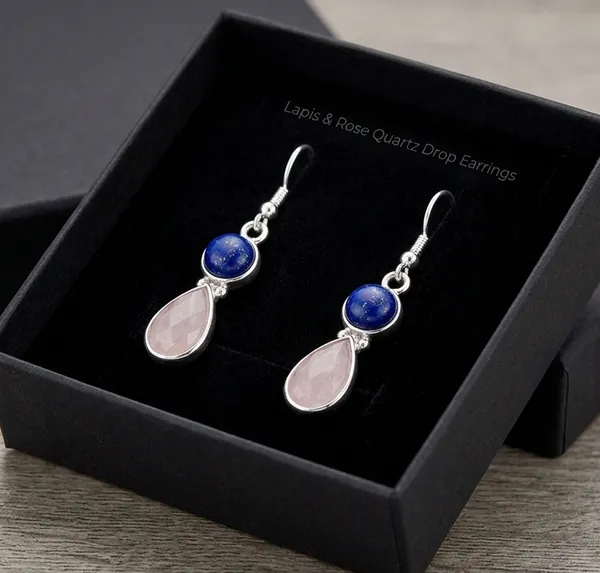 925_Sterling_Silver_Lapis_Lazuli_&_Rose_Quartz_Drop_Dangle_Earrings_For_Women_Handmade_Natural_Gemstone_Teardrop_Earrings_Elegant_Boho_Jewelry